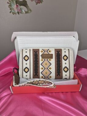 Cream & Brown Embroidered Zip-Around Wallet with Detachable Strap